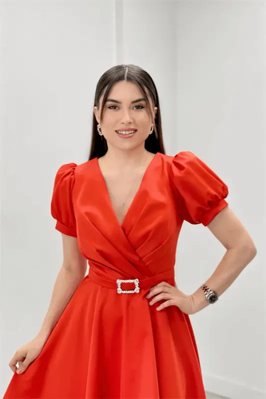 Satin Fabric Belt Detailed Midi Evening Dress - ORANGE - 9