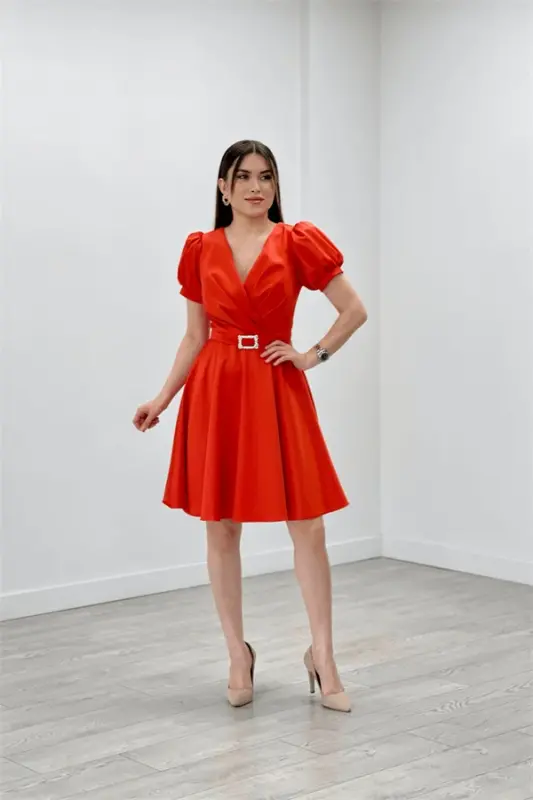 Satin Fabric Belt Detailed Midi Evening Dress - ORANGE - 2