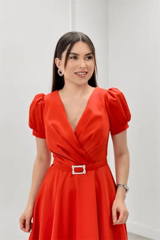 Satin Fabric Belt Detailed Midi Evening Dress - ORANGE - 4