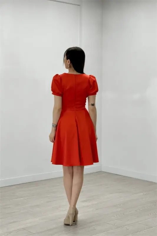 Satin Fabric Belt Detailed Midi Evening Dress - ORANGE - 5