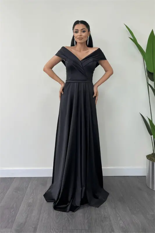 Satin Fabric Boat Neck Evening Dress - BLACK - BÜYÜKBEDENIZ