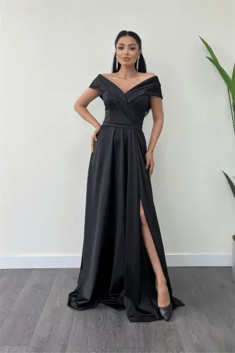 Satin Fabric Boat Neck Evening Dress - BLACK - BÜYÜKBEDENIZ (1)