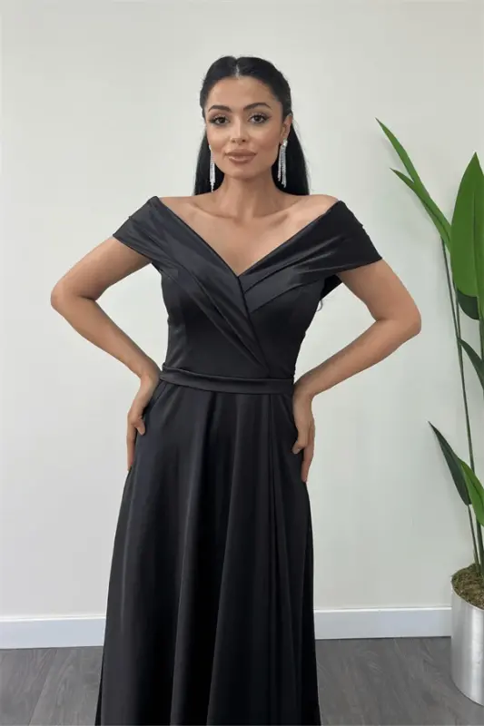 Satin Fabric Boat Neck Evening Dress - BLACK - 3