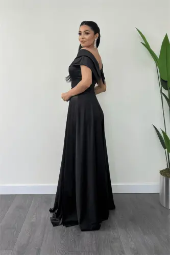 Satin Fabric Boat Neck Evening Dress - BLACK - 5