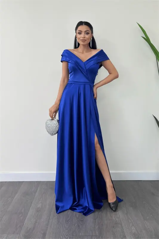 Satin Fabric Boat Neck Evening Dress - SAPPHIRE BLUE - 1