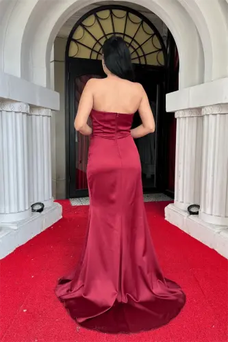 Satin Fabric Boned Evening Dress - BURGUNDY - 5