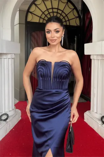 Satin Fabric Boned Evening Dress - NAVY BLUE - 4