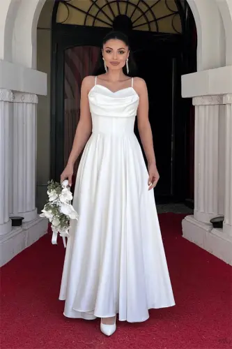 Satin Fabric Corset Detail Cowl Neck Dress - WHITE - 1