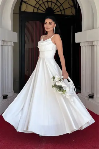 Satin Fabric Corset Detail Cowl Neck Dress - WHITE - BÜYÜKBEDENIZ (1)