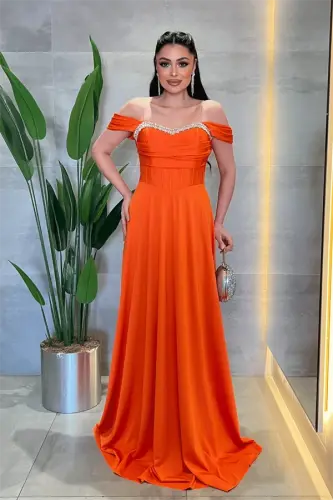 Satin Fabric Corset Detailed Evening Dress with Stone Details - ORANGE - 1