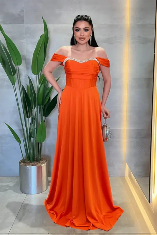 Satin Fabric Corset Detailed Evening Dress with Stone Details - ORANGE - BÜYÜKBEDENIZ