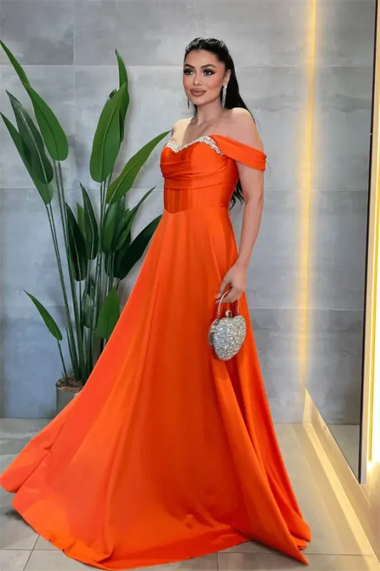 Satin Fabric Corset Detailed Evening Dress with Stone Details - ORANGE - 2