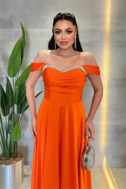 Satin Fabric Corset Detailed Evening Dress with Stone Details - ORANGE - 4