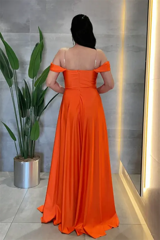 Satin Fabric Corset Detailed Evening Dress with Stone Details - ORANGE - 5