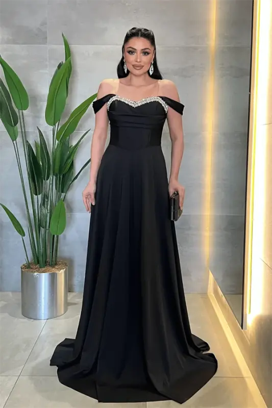 Satin Fabric Corset Stone Detailed Evening Dress - BLACK - BÜYÜKBEDENIZ