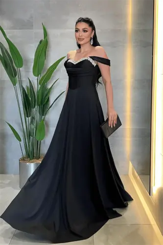 Satin Fabric Corset Stone Detailed Evening Dress - BLACK - 2