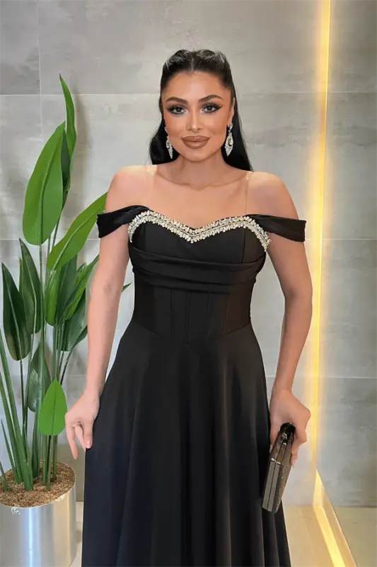 Satin Fabric Corset Stone Detailed Evening Dress - BLACK - 4