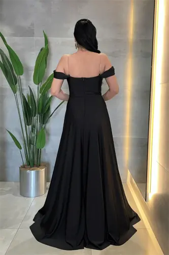 Satin Fabric Corset Stone Detailed Evening Dress - BLACK - 5