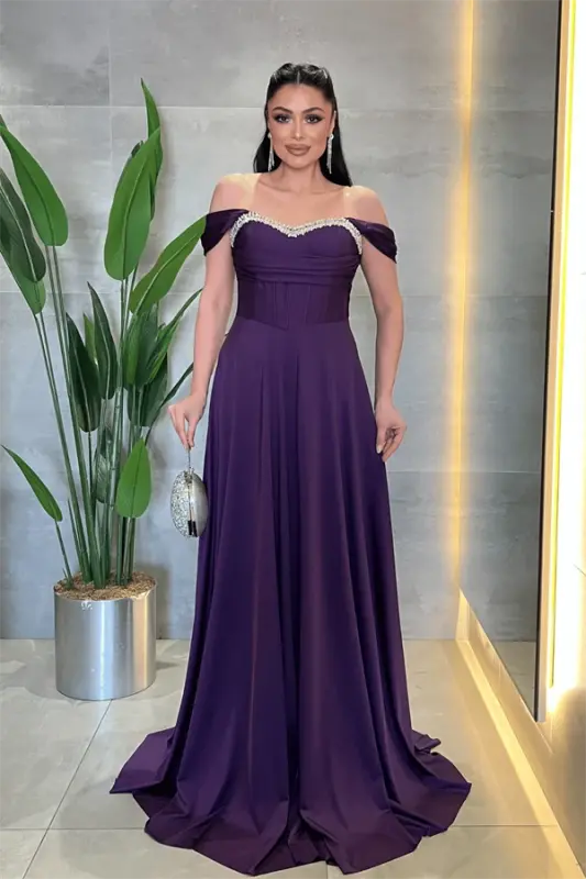 Satin Fabric Corset Stone Detailed Evening Dress - EGGPLANT PURPLE - BÜYÜKBEDENIZ