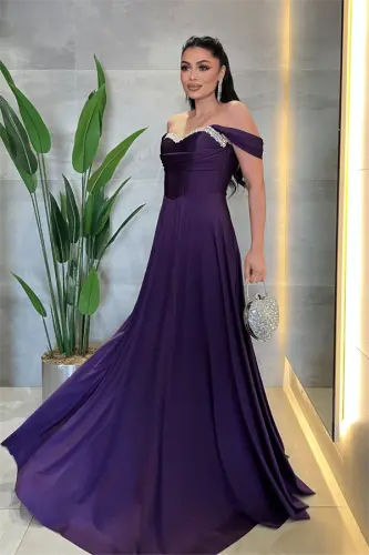 Satin Fabric Corset Stone Detailed Evening Dress - EGGPLANT PURPLE - BÜYÜKBEDENIZ (1)