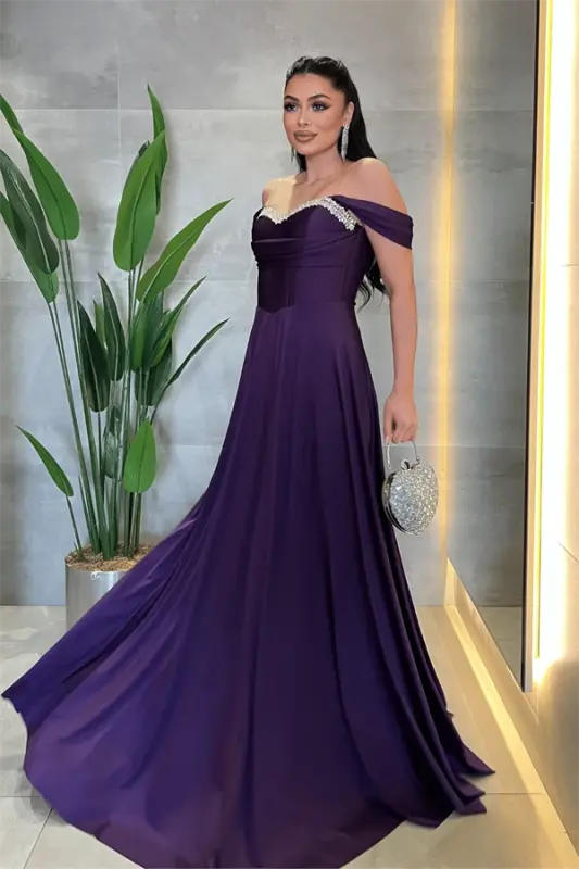 Satin Fabric Corset Stone Detailed Evening Dress - EGGPLANT PURPLE - 2