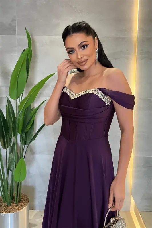 Satin Fabric Corset Stone Detailed Evening Dress - EGGPLANT PURPLE - 4