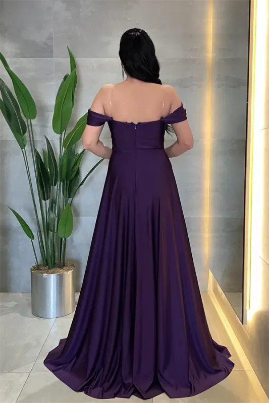 Satin Fabric Corset Stone Detailed Evening Dress - EGGPLANT PURPLE - 5