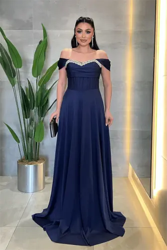 Satin Fabric Corset Stone Detailed Evening Dress - NAVY BLUE - 1