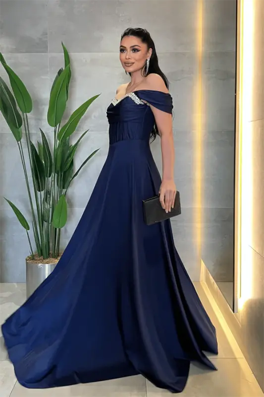 Satin Fabric Corset Stone Detailed Evening Dress - NAVY BLUE - 2