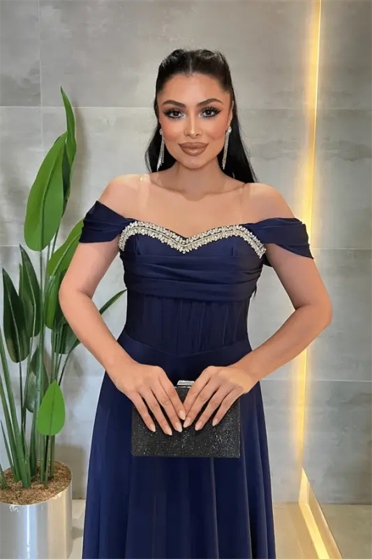 Satin Fabric Corset Stone Detailed Evening Dress - NAVY BLUE - 3