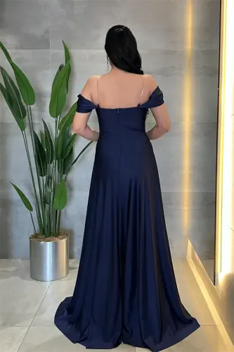 Satin Fabric Corset Stone Detailed Evening Dress - NAVY BLUE - 5