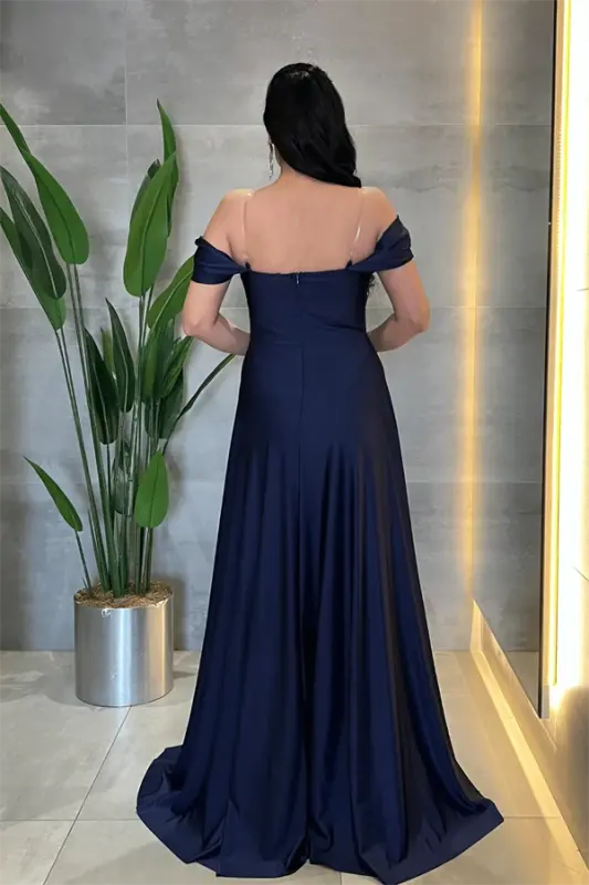 Satin Fabric Corset Stone Detailed Evening Dress - NAVY BLUE - 5