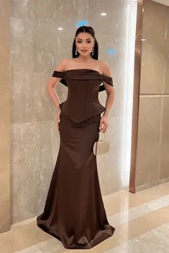 Satin Fabric Corseted Evening Dress - BROWN - 7