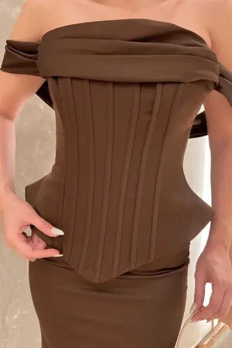 Satin Fabric Corseted Evening Dress - BROWN - 9