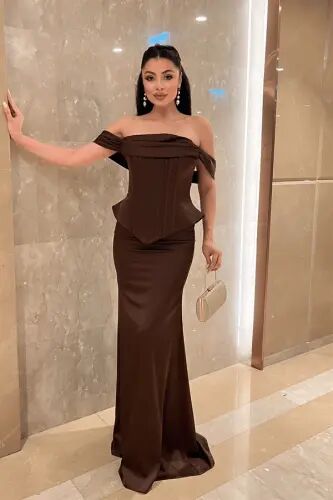 Satin Fabric Corseted Evening Dress - BROWN - 1