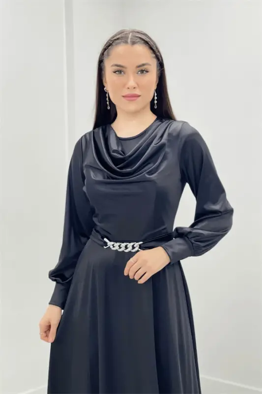 Satin Fabric Cowl Neck Evening Dress - BLACK - 3
