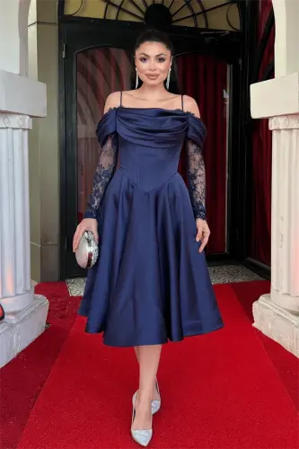 Satin Fabric Cowl Neck Lace Detailed Midi Dress - NAVY BLUE - 1