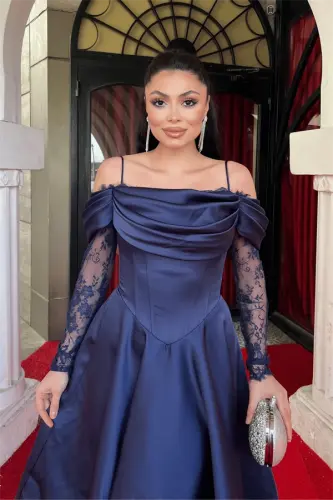 Satin Fabric Cowl Neck Lace Detailed Midi Dress - NAVY BLUE - 4