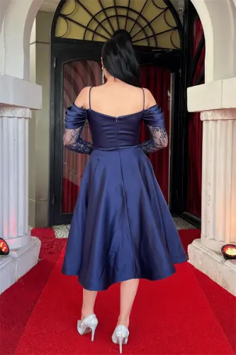 Satin Fabric Cowl Neck Lace Detailed Midi Dress - NAVY BLUE - 5