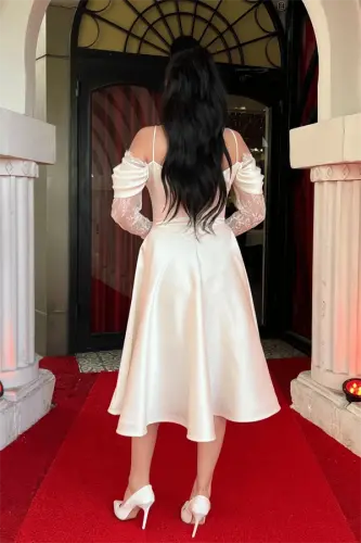 Satin Fabric Cowl Neck Lace Detailed Midi Dress - WHITE - 5