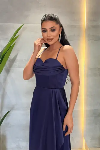 Saten Kumaş Degaje Yaka Midi Elbise - LACİVERT - 3