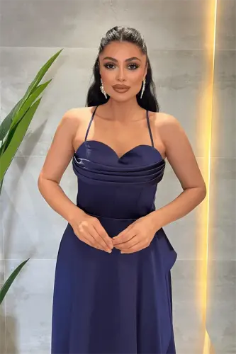 Saten Kumaş Degaje Yaka Midi Elbise - LACİVERT - 5
