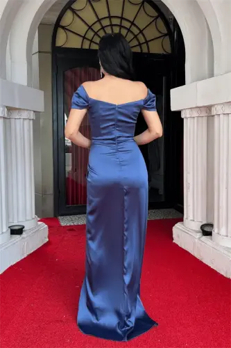 Satin Fabric Draped Off-Shoulder Evening Dress - INDIGO BLUE - 5