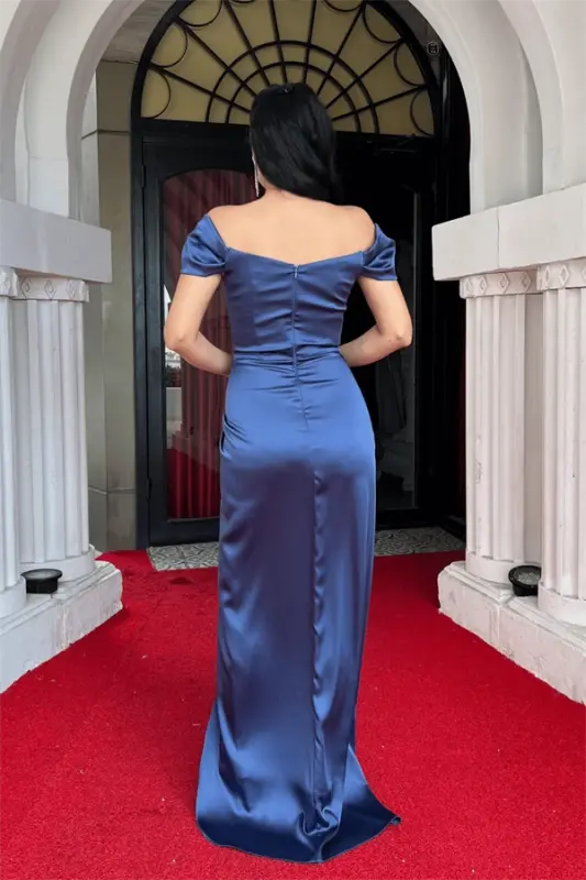 Satin Fabric Draped Off-Shoulder Evening Dress - INDIGO BLUE - 5