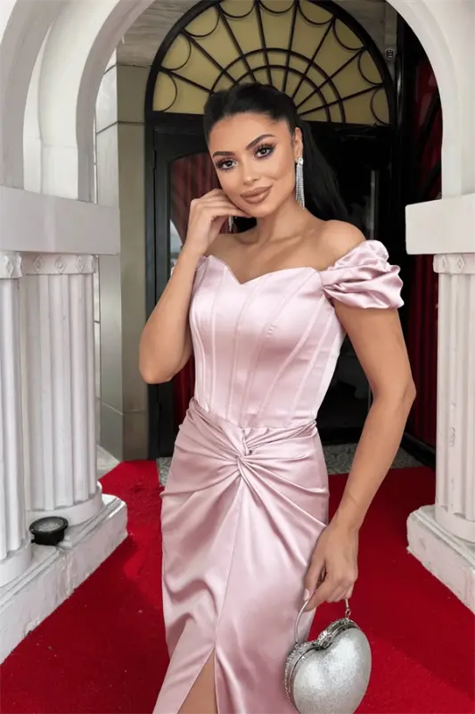 Satin Fabric Draped Off-Shoulder Evening Dress - POWDER - 4