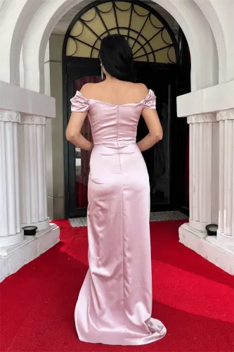 Satin Fabric Draped Off-Shoulder Evening Dress - POWDER - 5