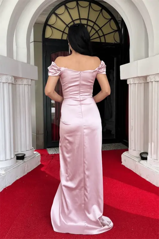 Satin Fabric Draped Off-Shoulder Evening Dress - POWDER - 5