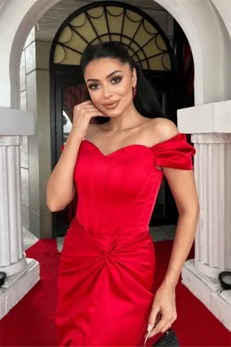 Satin Fabric Draped Off-Shoulder Evening Dress - RED - 9