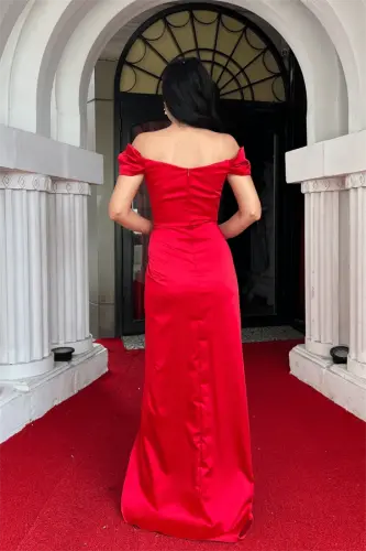 Satin Fabric Draped Off-Shoulder Evening Dress - RED - 8