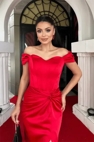 Satin Fabric Draped Off-Shoulder Evening Dress - RED - 3